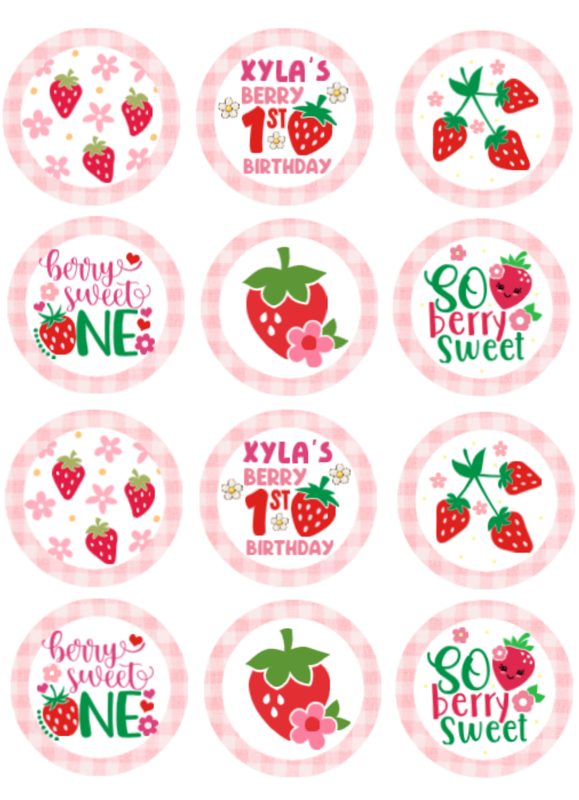Set of strawberry-themed birthday cupcake toppers on a white background