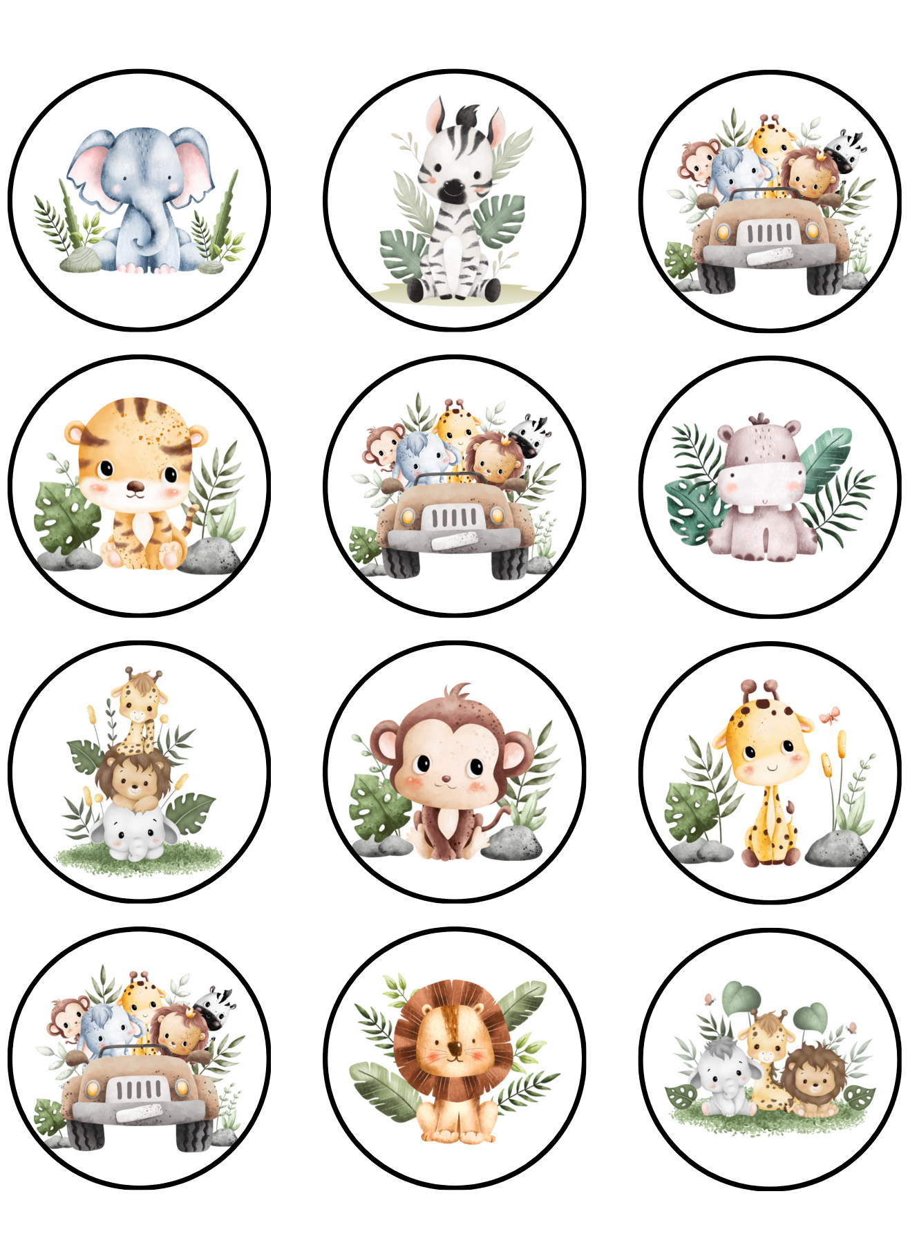 Set of 12 circular illustrations of cartoon animals and vehicles on a white background