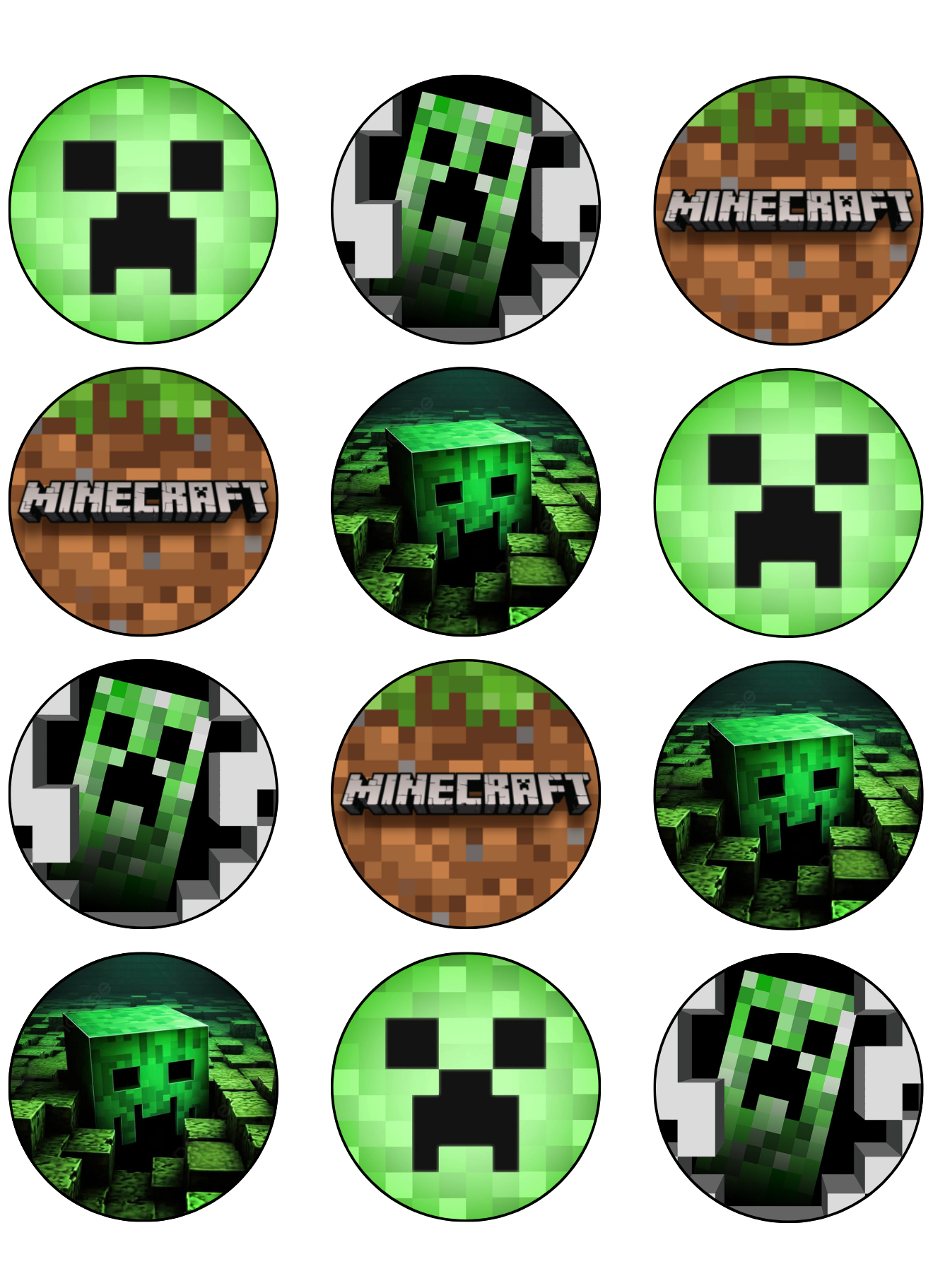 Set of Minecraft-themed cupcake toppers featuring Creeper characters and the Minecraft logo.