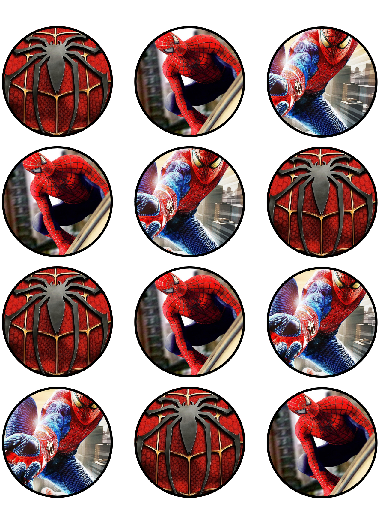 Set of Spider-Man themed cupcake toppers on a white background