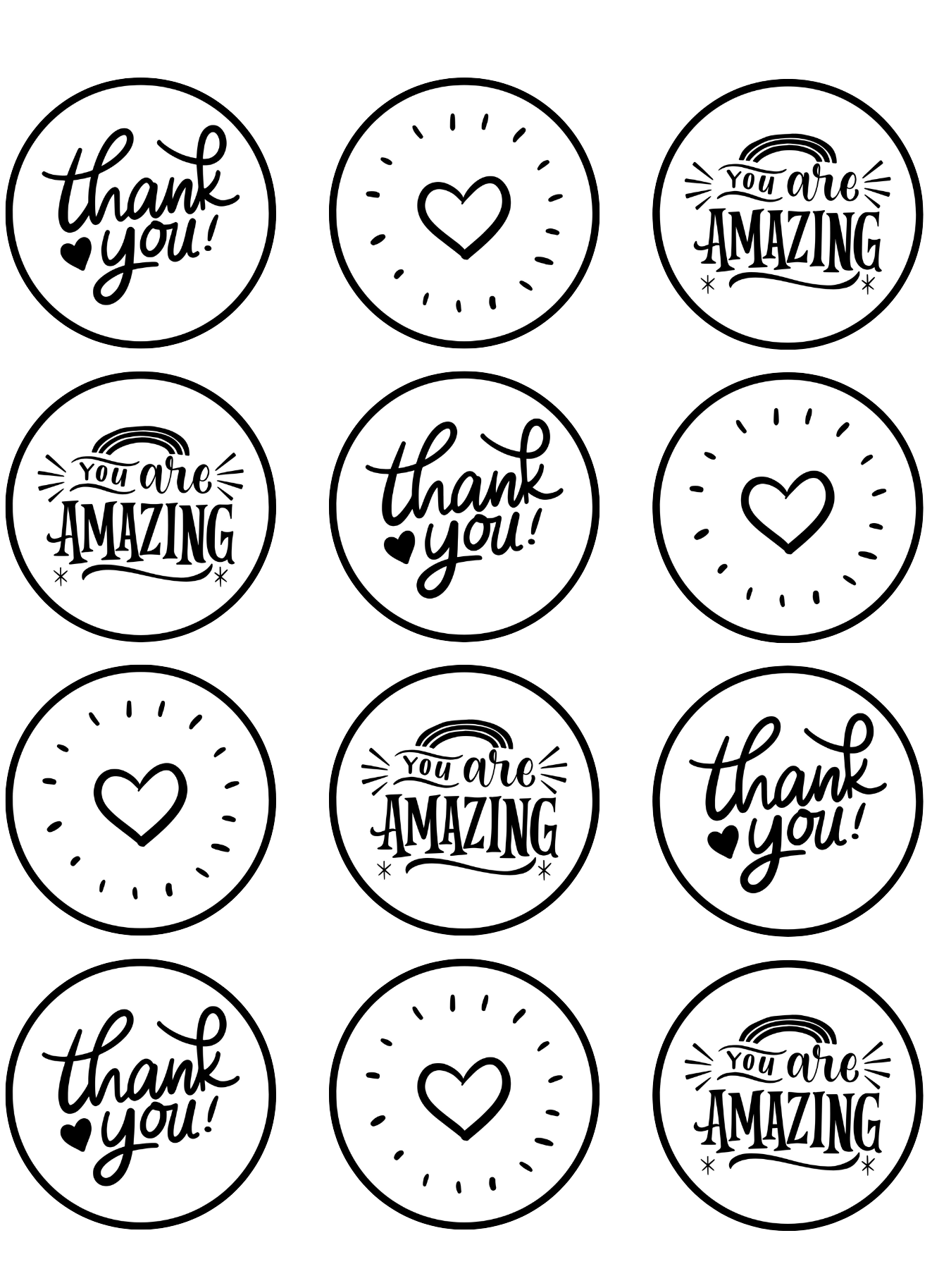 Set of cupcake toppers with phrases like 'thank you', 'you are amazing', and hearts on a white background.